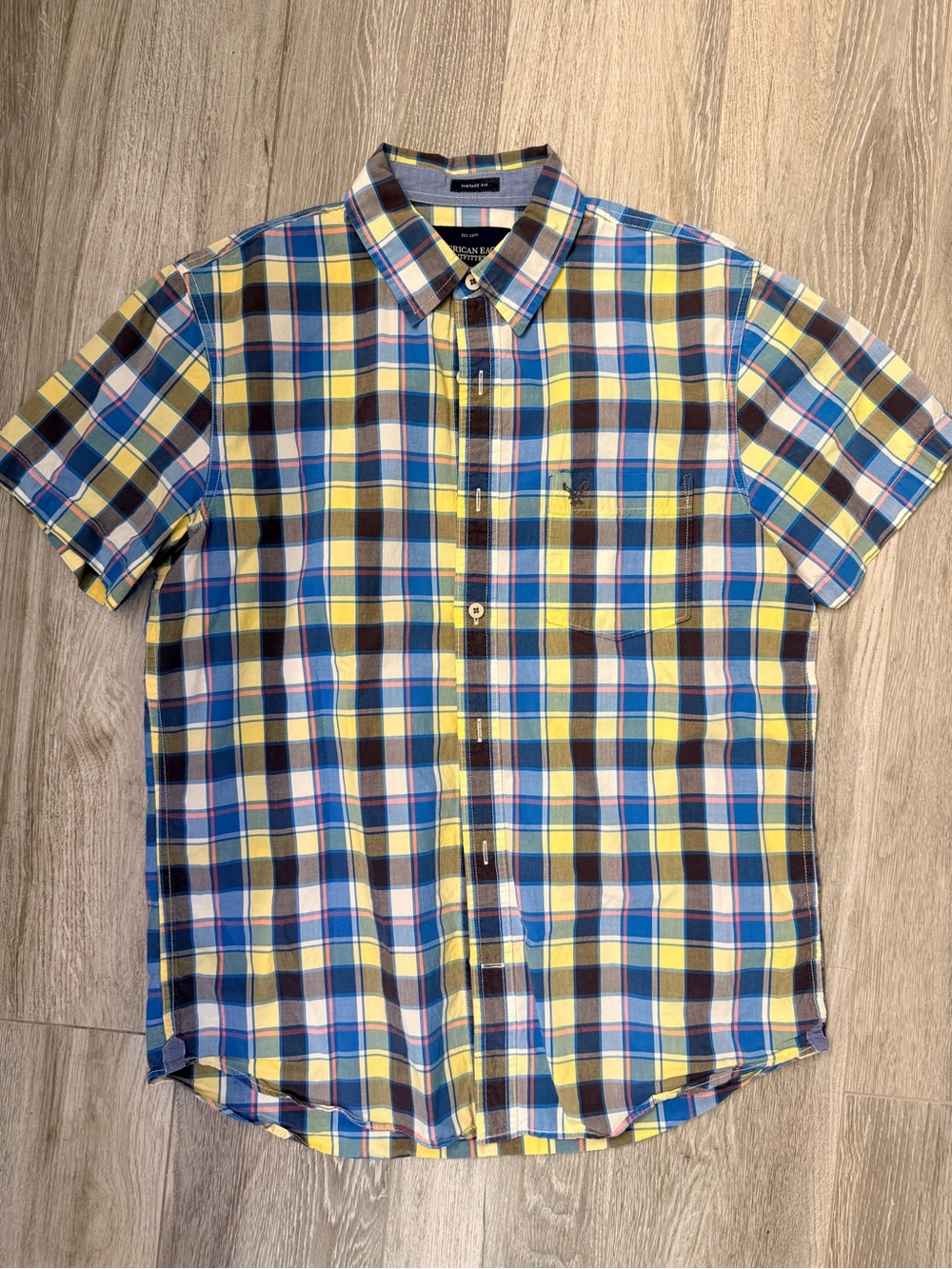 Short-Sleeve Plaid Button-Up Shirt - Yellow/Blue